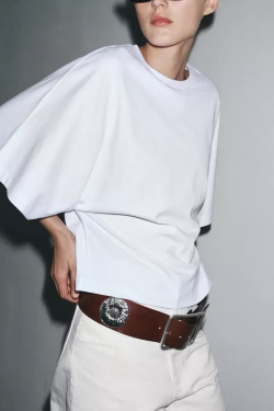 ZARA ФУТБОЛКА ИЗ ТКАНИ С ЭФФЕКТОМ ПОТЕРТОСТИ С ШИРОКИМИ РУКАВАМИ, БЕЛЫЙ