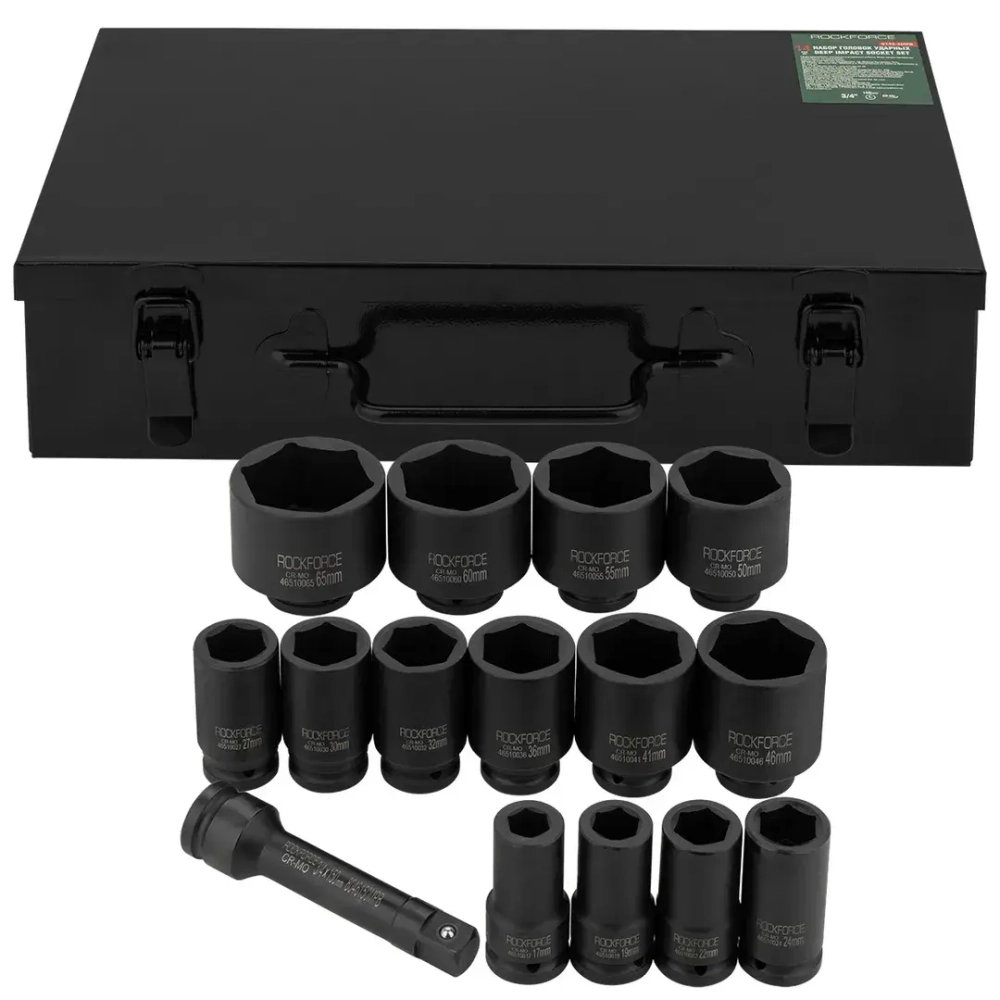 Набор головок ударных глубоких 3/4''14пр.(6гр.)(17,19,22,24,27,30,32,36,41,46,50,55,60,65мм)в метал. кейсе RockForce##Rock FORCE RF-6142-5MPB