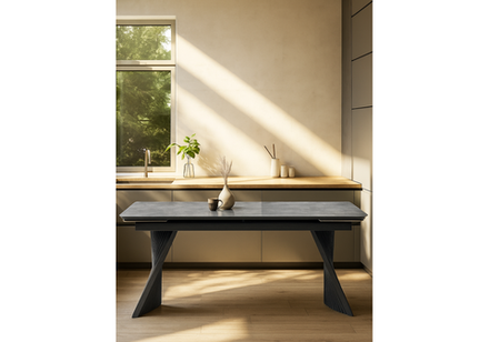 Керамический стол Woodville Вейв 160(220)х89х75 серый мрамор baolai, черный, ножки черные