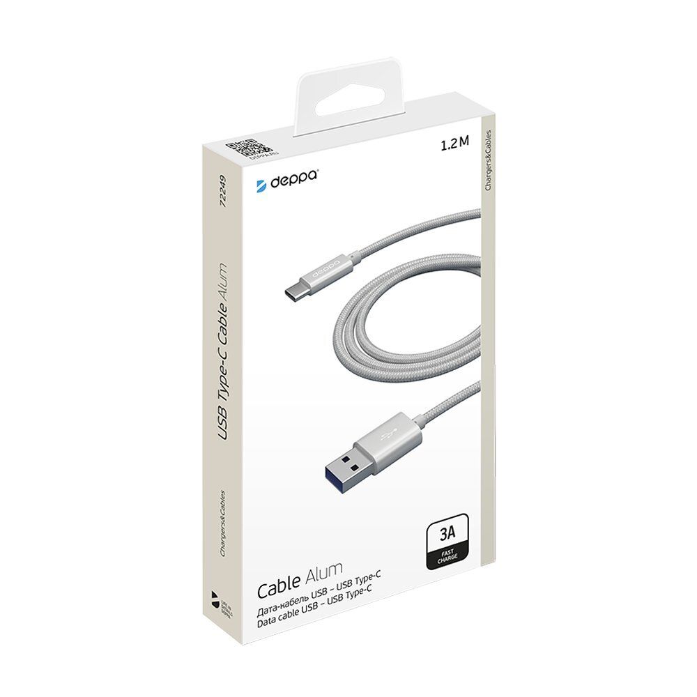Deppa Alum USB Type-C - USB Type-C, алюминий/нейлон, USB 2.0, 3A, 1.2м, 1.2м, серебро, Deppa Кабель