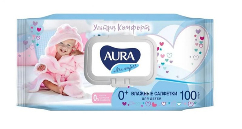 AURA Ultra Comfort 100шт. Влаж.салф. дет. Алоэ+Витамин Е с крышкой