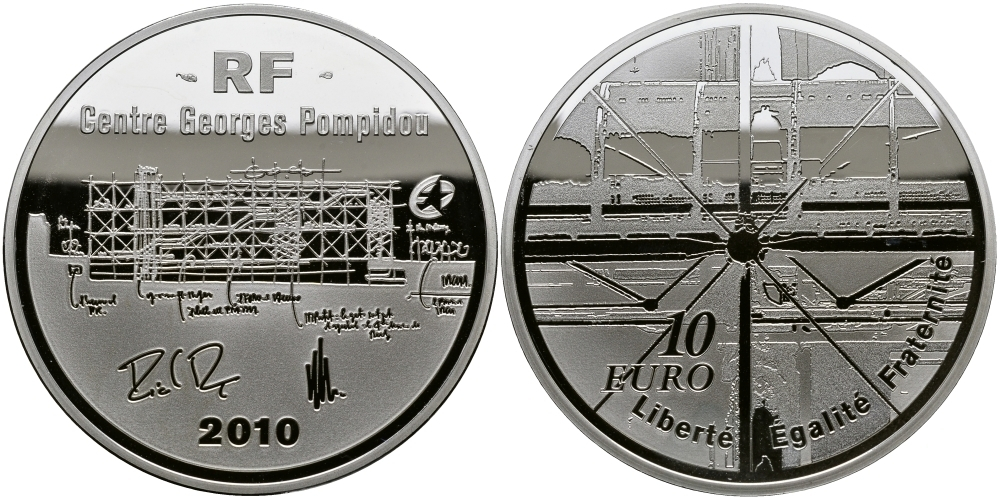 10 евро. Центр искусства Помпиду. Франция. 2010 год. PROOF