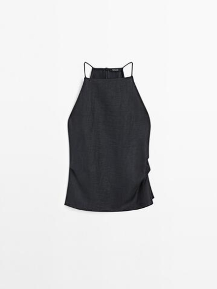 Massimo Dutti Топ из смесового льна с горловиной халтер и квадратным вырезом, темно-синий