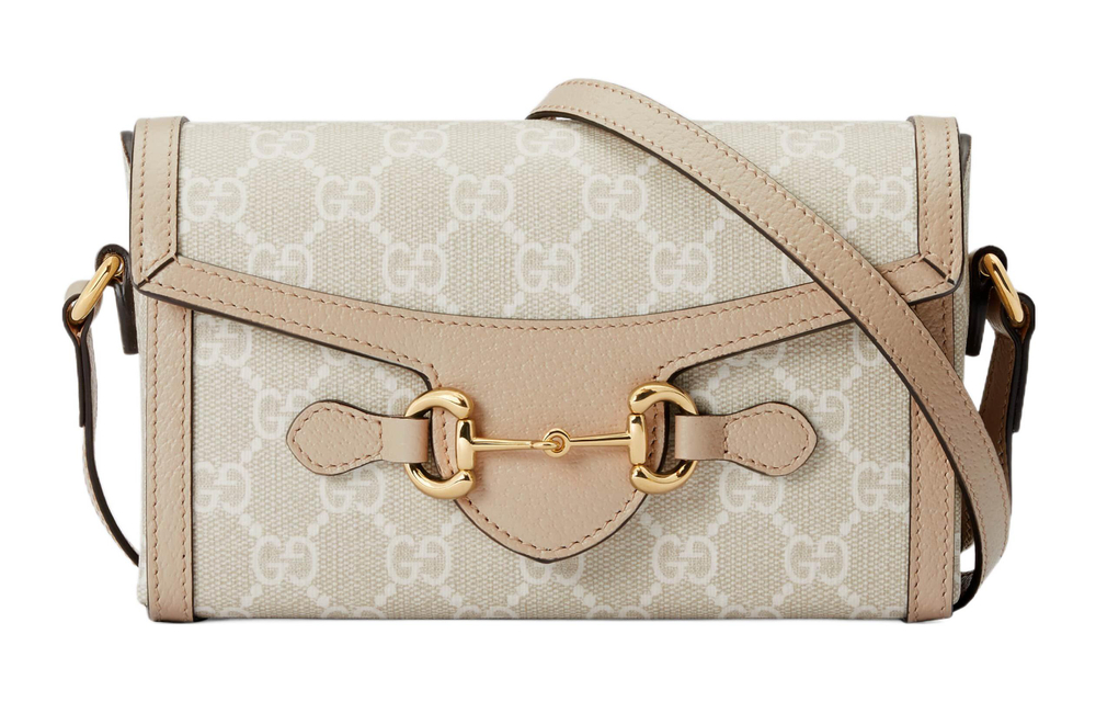 GUCCI Horsebit 1955 Canvas With Leather Trim Box Bag Shoulder Bag, Crossbody Bag Mini Women"s Beige & White
