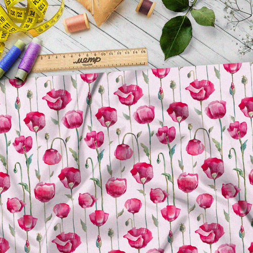 Ткань таффета насыщенные акварельные тюльпаны на розовом фоне