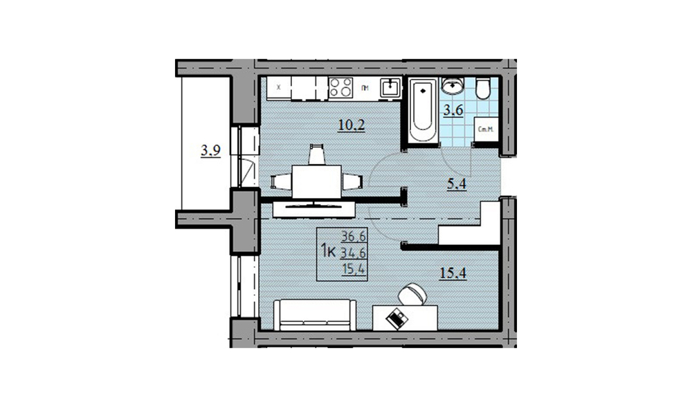 1 комнатная квартира, 34,6 м² / Чистовая отделка