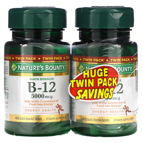 Nature's Bounty, Витамин B12, Twin Pack, натуральный вишневый вкус, 5000 мкг, 40 быстрорастворимых таблеток