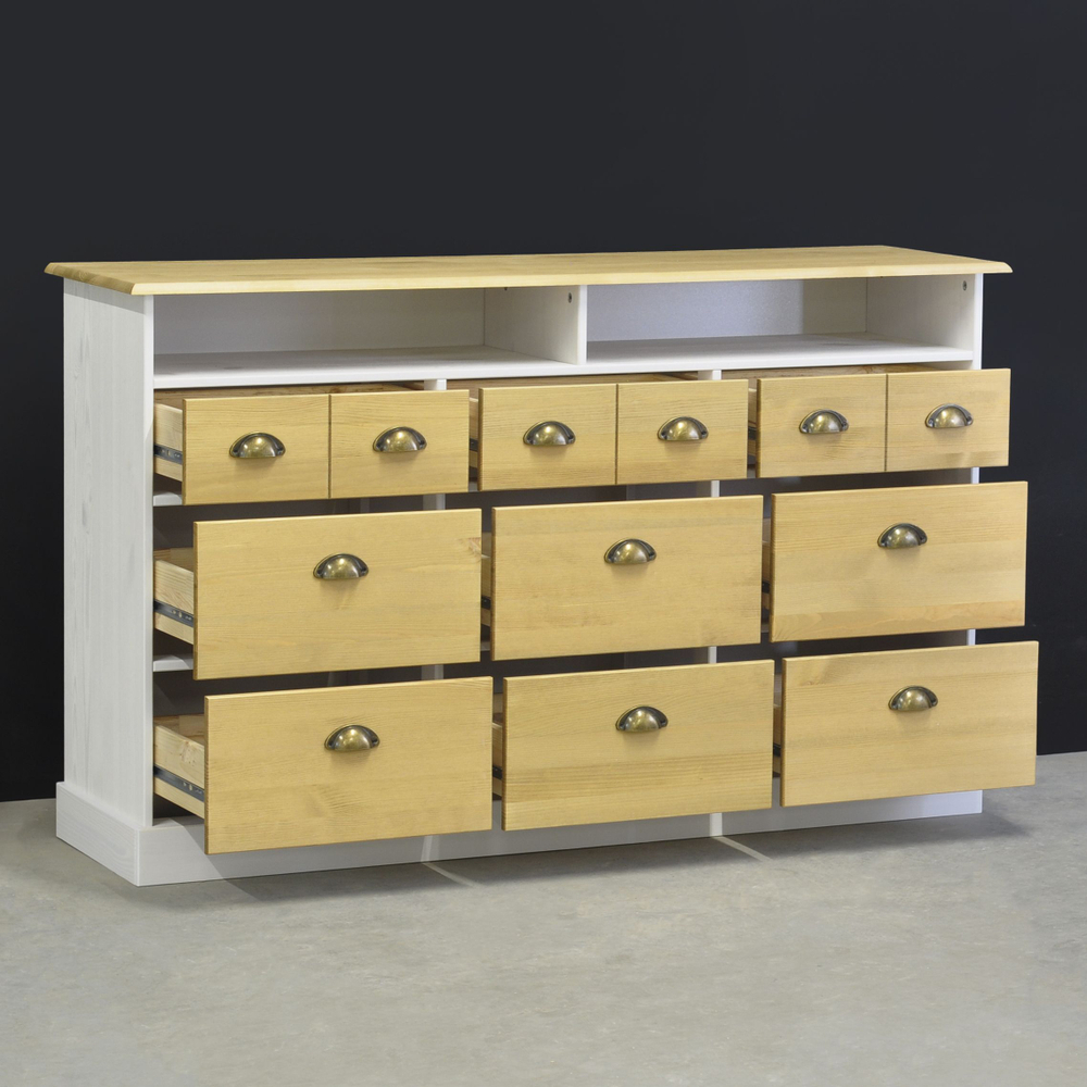 Комод деревянный Тэа 139х38х84 см с ящиками и полкой Тэа из массива сосны, 9 ящиков / белый, бейц