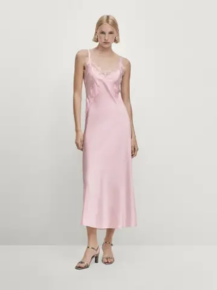 Massimo Dutti Кружевное платье-комбинация миди - Studio, розовый