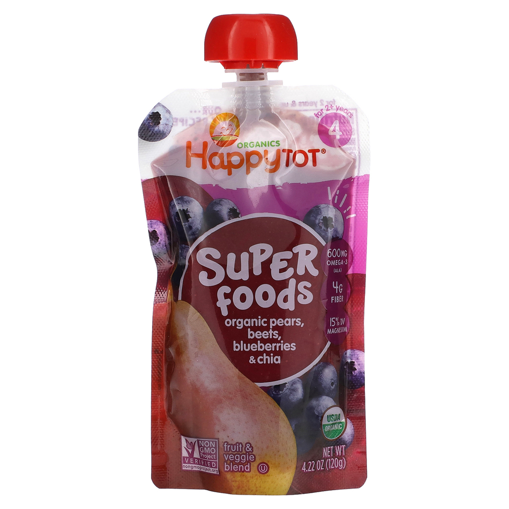 Happy Family Organics, Happytot, Superfoods, от 2 лет, органические груши, свекла, голубика и чиа, 120 г (4,22 унции)