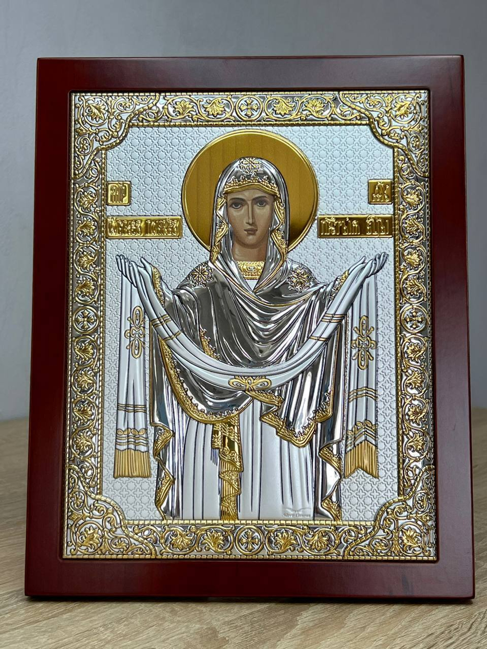 Покрова БМ, икона прямоугольная с рамкой, красное дерево 210х260
