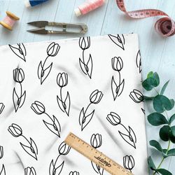 Ткань муслин простые эскизы тюльпанов на бежевом фоне