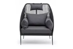 "Мадрид" кресло плетеное из роупа, каркас алюминий темно-серый (RAL7024) муар, роуп темно-серый круглый, ткань темно-серая 027