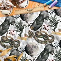 Ткань флис коллаж из скульптур, полной луны и змей