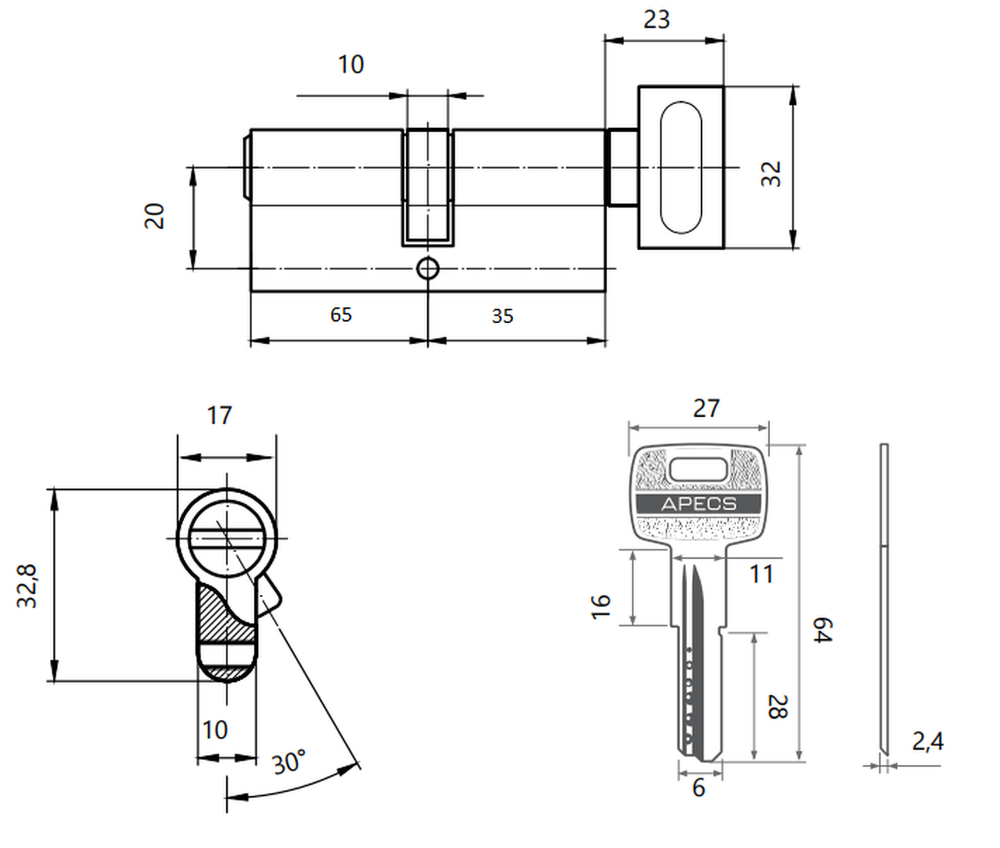 Цилиндровый механизм Apecs SM-100(35С/65)-С-NI