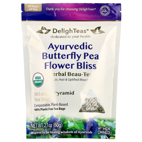 DelighTeas, Ayurvedic Butterfly Pea Flower Bliss, травяной чай, без кофеина, 30 роскошных чайных пакетиков Pyramid, 60 г (2,1 унции)