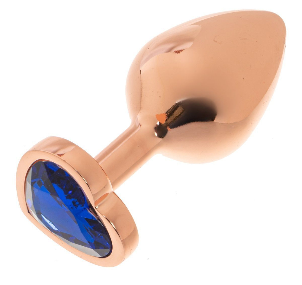 Золотистая анальная пробка OYO с синим кристаллом-сердцем - 7,3 см. (Цвет: синий)