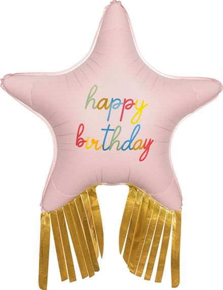 Звезда "Розовая Happy Birthday с золотой бахромой"