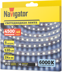 Лента светодиодная Navigator 24V 9,6Вт 6000К IP20 бухта 5м белая 40630