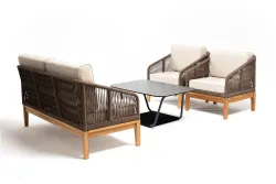 "Канны" лаунж-зона 4-местная из роупа со столом "Гранада" (серый гранит), основание дуб, роуп коричневый, ткань бежевая