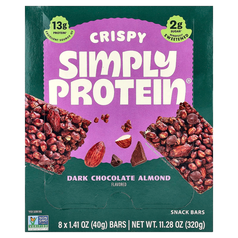 Simply Protein, хрустящие батончики, темный шоколад и миндаль, 8 батончиков по 40 г (1,41 унции)