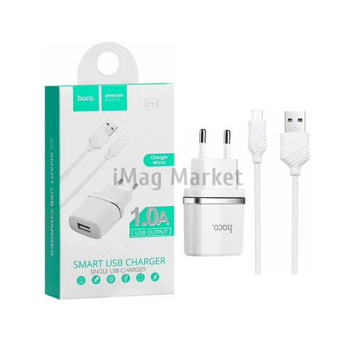 Сетевое зарядное устройство Hoco C11, 1 USB-A, 5W, 1A + кабель micro-USB, 1 м, белый