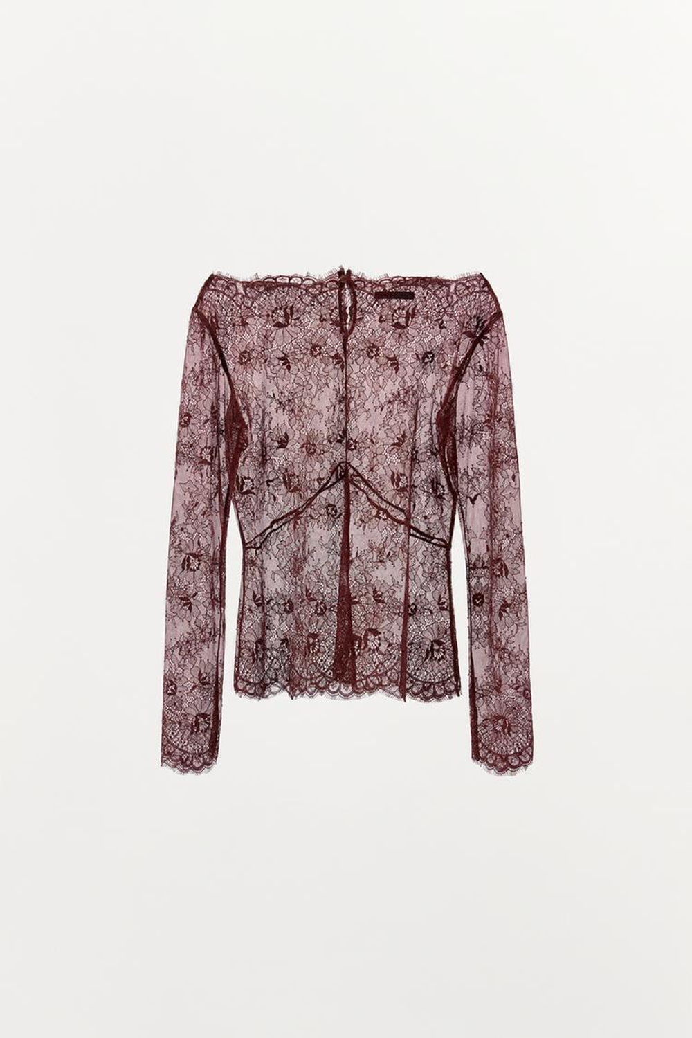 ZARA БЛУЗА ИЗ ПОЛУПРОЗРАЧНОГО КРУЖЕВА, ГРАНАТОВЫЙ