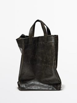 Massimo Dutti Сумка-тоут из потрескавшейся кожи наппа, черный