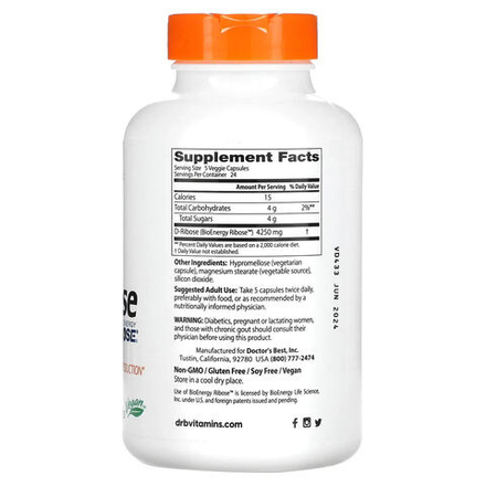 Doctor's Best, D-рибоза с рибозой BioEnergy, 850 мг, 120 растительных капсул (170 мг в 1 капсуле)