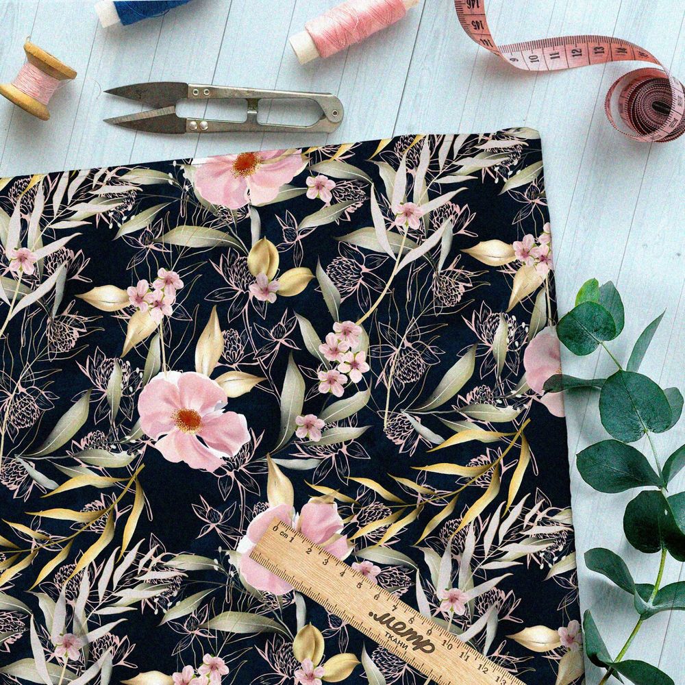 Ткань флис маслом нарисованные цветы, листва и клевер