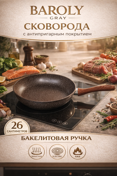 Сковорода «BAROLY» GRAY 26см индукционная с антипригарным покрытием, бакелитовая ручка