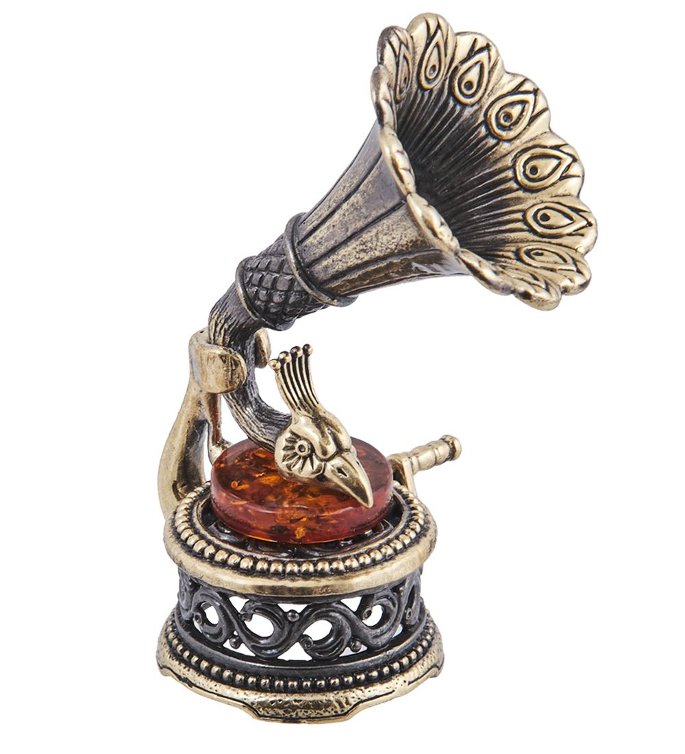 Народные промыслы AM-4029 Фигурка «Граммофон Павлин» (латунь, янтарь)