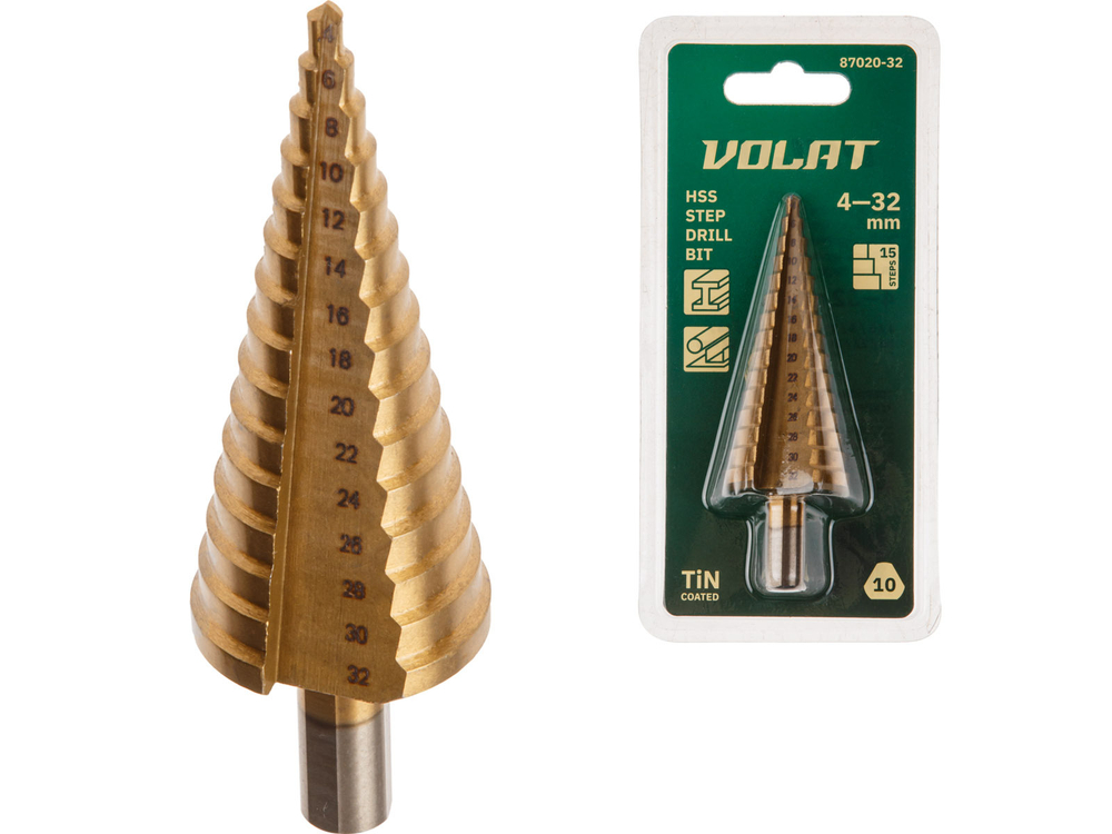 Сверло по металлу ступенчатое 4-32 мм HSS TIN ВОЛАТ