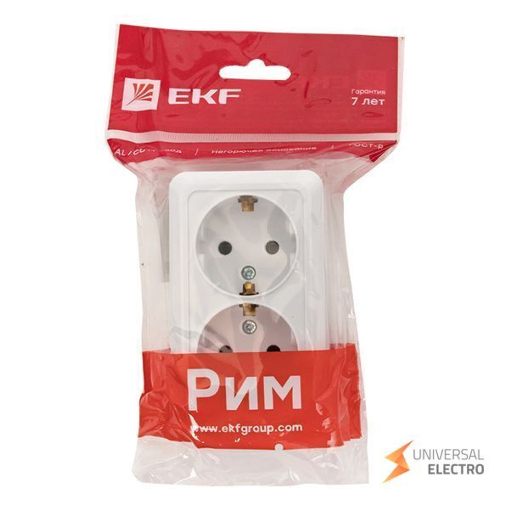 Рим Розетка 2-местная 16А с заземлением белая EKF