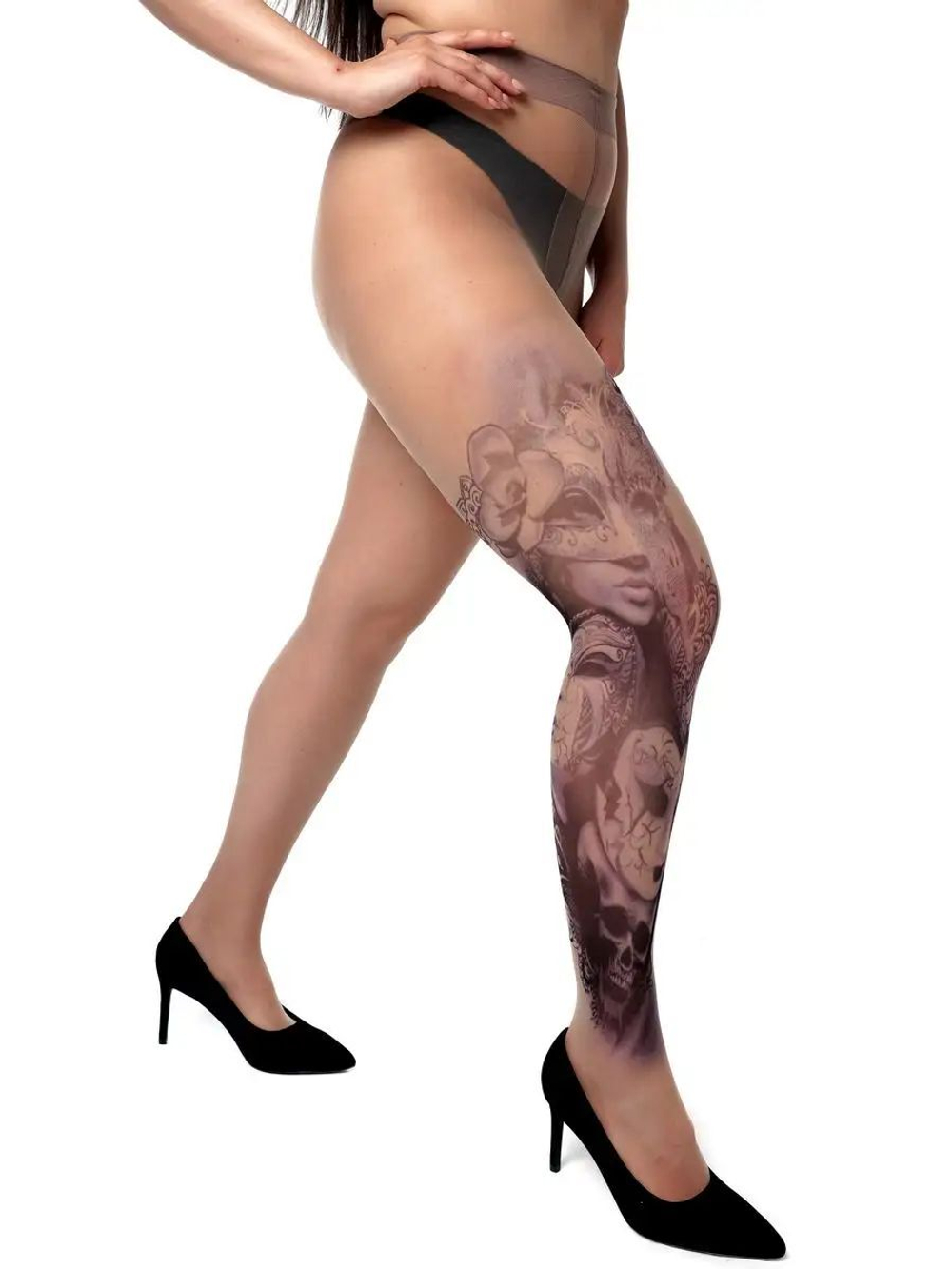 Колготки +size с принтом в виде девушки в маске (Размер: XL-XXL-XXXL) (Цвет: бежевый)