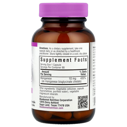 Bluebonnet Nutrition, хелатный марганец, 10 мг, 90 растительных капсул