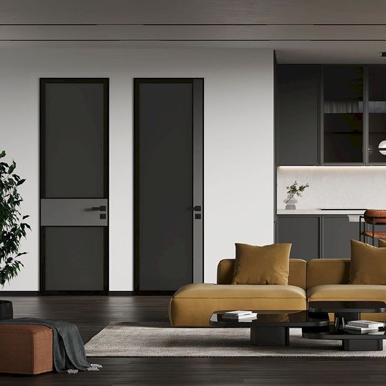 Модель 5AGK и 6AGK кромка чёрная стекло мателюкс графит черный прокрас вставка смоки в коробке INVISIBLE в интерьере