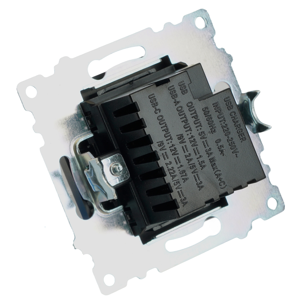 Розетка 2-местная USB + type C (механизм), STEKKER GLS10-7116-05, 250B, 3А, серия Катрин, черный 50055