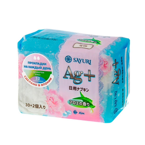 Прокладки гигиенические Sayuri Argentum+ ежедневные с ароматом Алоэ 2 капли 15 см 32 шт