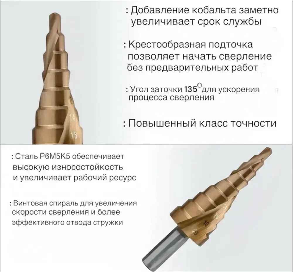 Сверло ступенчатое кобальтовое конусное по металлу 4-20 Р6М5К5