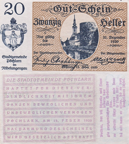 Австрия 20 геллеров 1920 Пехларн aUNC