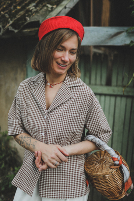 Рубашка с английским воротником из хлопка, коричневая клетка