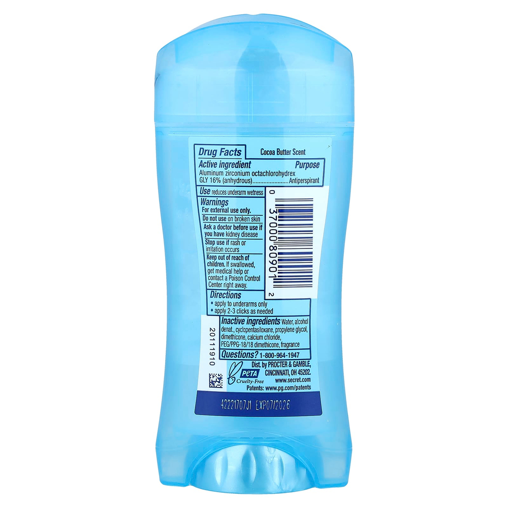 Secret, прозрачный гель-антиперспирант/дезодорант, защита на 48 часов, какао-масло, 73 г (2,6 унции)