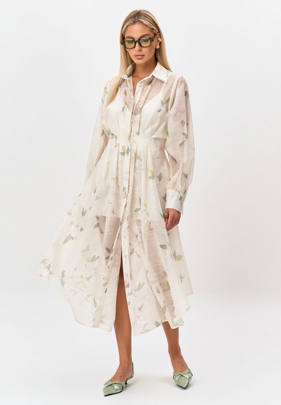 Платье миди воздушное на пуговицах с зеленым принтом