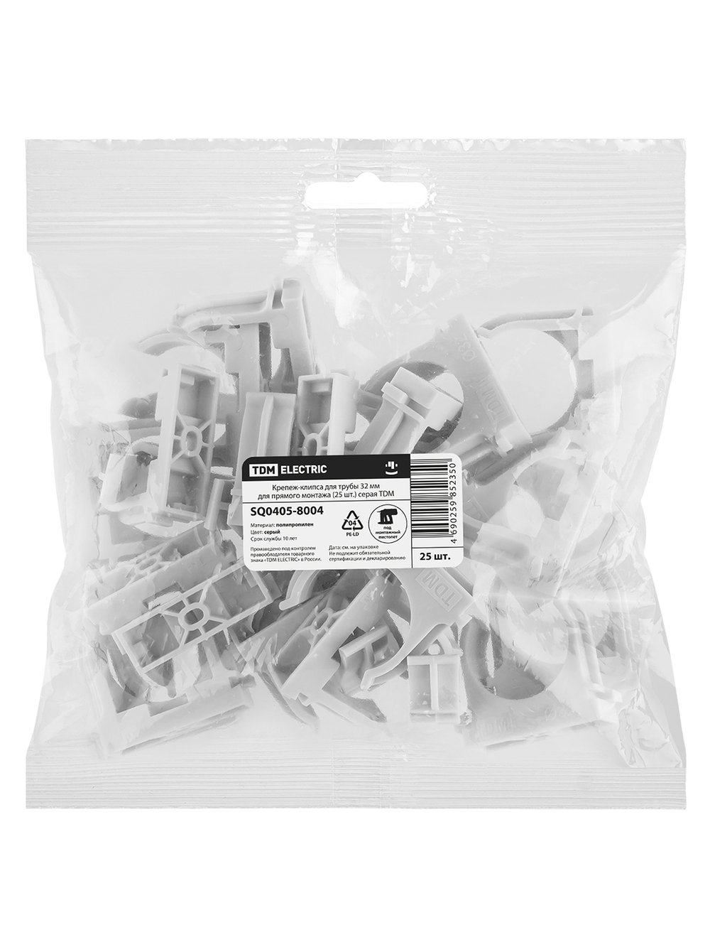 Крепеж-клипса для трубы 32 мм для прямого монтажа (25 шт.) серая TDM