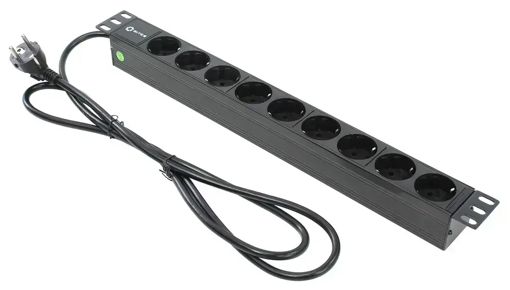 Блок розеток 19", 1U, 9 розеток, 16A, кабель 2 метра, огнеупорный пластик, 5bites PDU919P-02