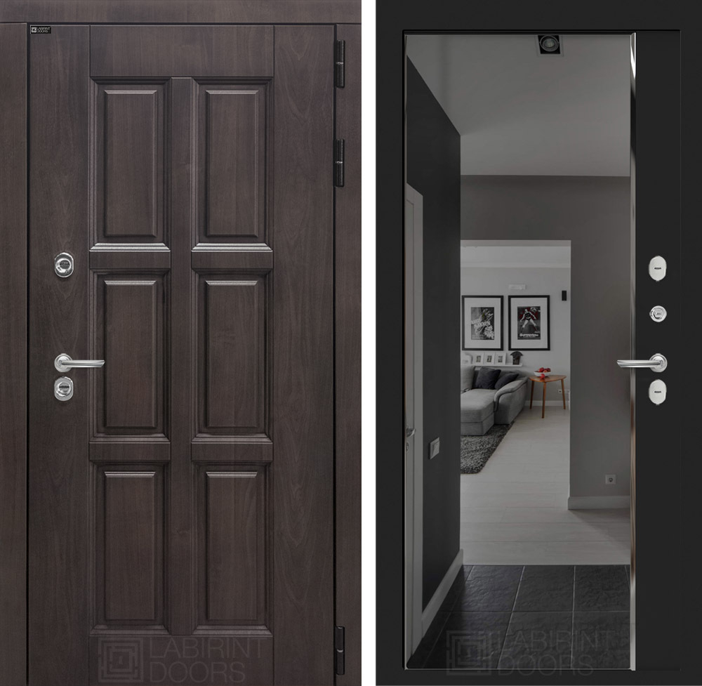 Дверь с терморазрывом Входная Лабиринт ЛОНДОН ТЕРМО С зеркалом Панорама с тонировкой Черный кварц