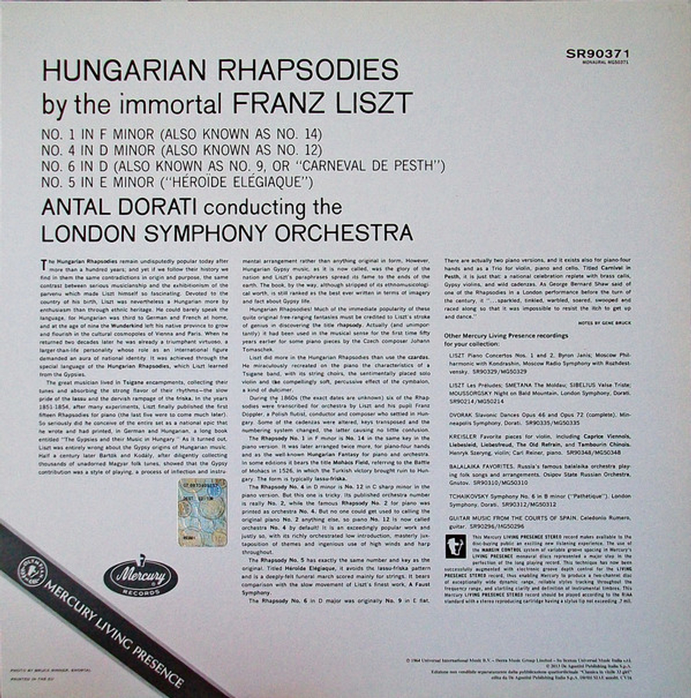 Liszt, Antal Dorati, London Symphony Orchestra / Hungarian Rhapsodies Nos.1, 4, 5 And 6 (LP)