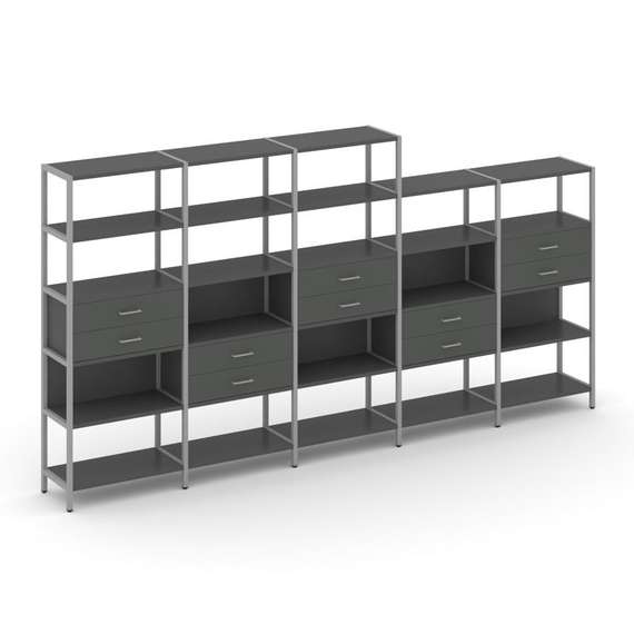 Shelf System Пятисекционный стеллаж пятиярусный с ящиками SN.STM-551 Антрацит/Металл Серый 3930*400*