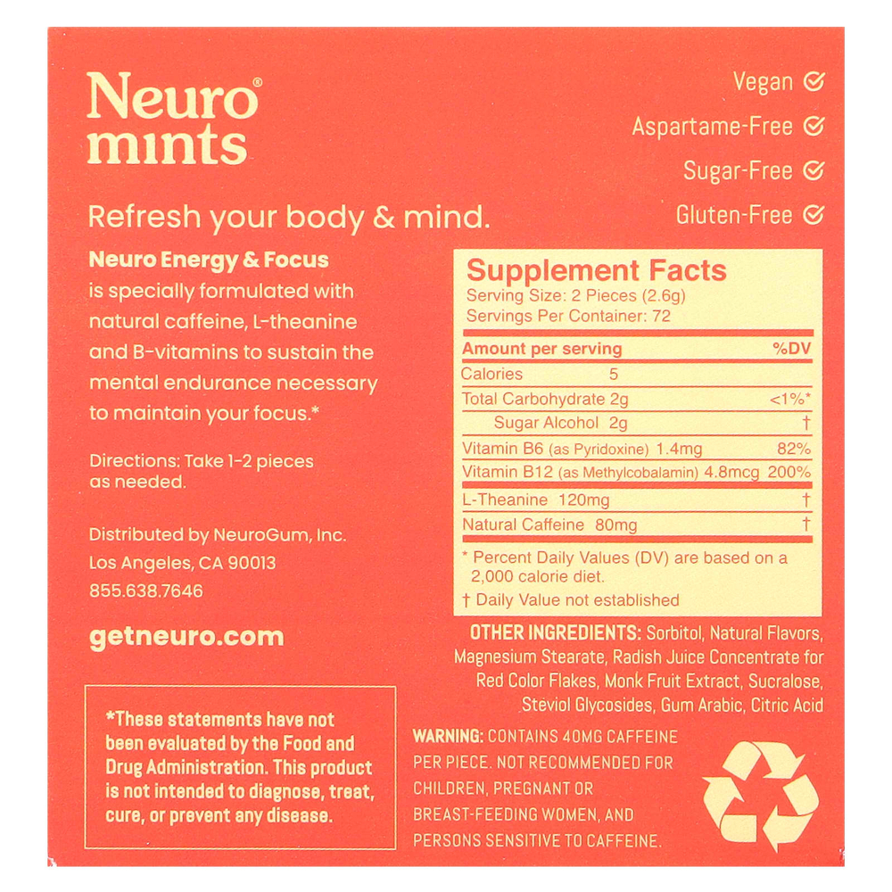 NeuroGum, NeuroMints, энергия и концентрация, корица, 12 пакетиков по 12 шт.